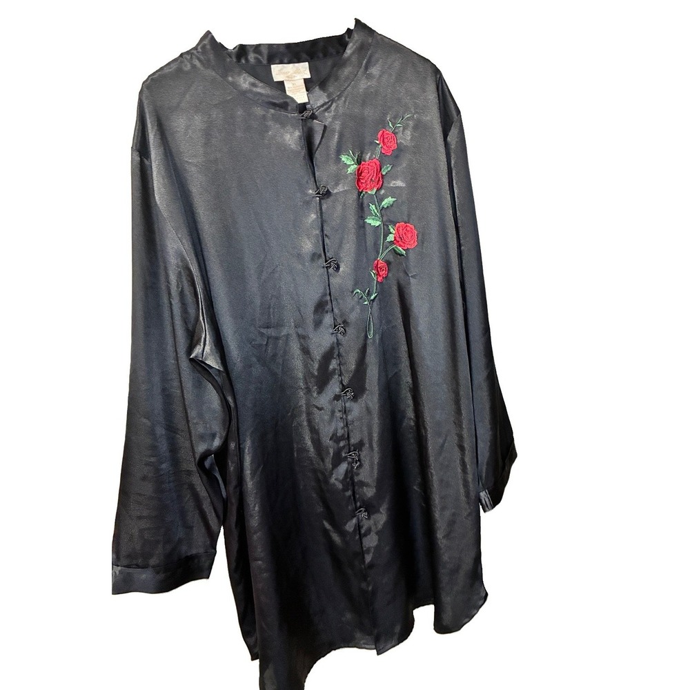 Vintage Inner Most Sears Satin Embroidered Rose Night Sleep Shirt Gown Black
